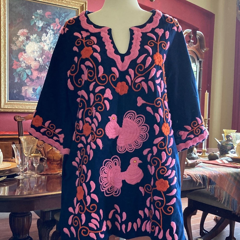 Frances Valentine Navy Tunic with Pink and Orange Embroidery